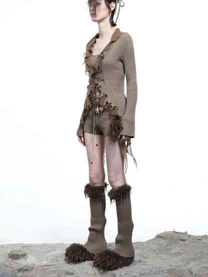 NN NORTH NODE Tattered Lace Mesh Trimmed Knit Cardigan