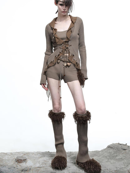 NN NORTH NODE Tattered Lace Mesh Trimmed Knit Cardigan