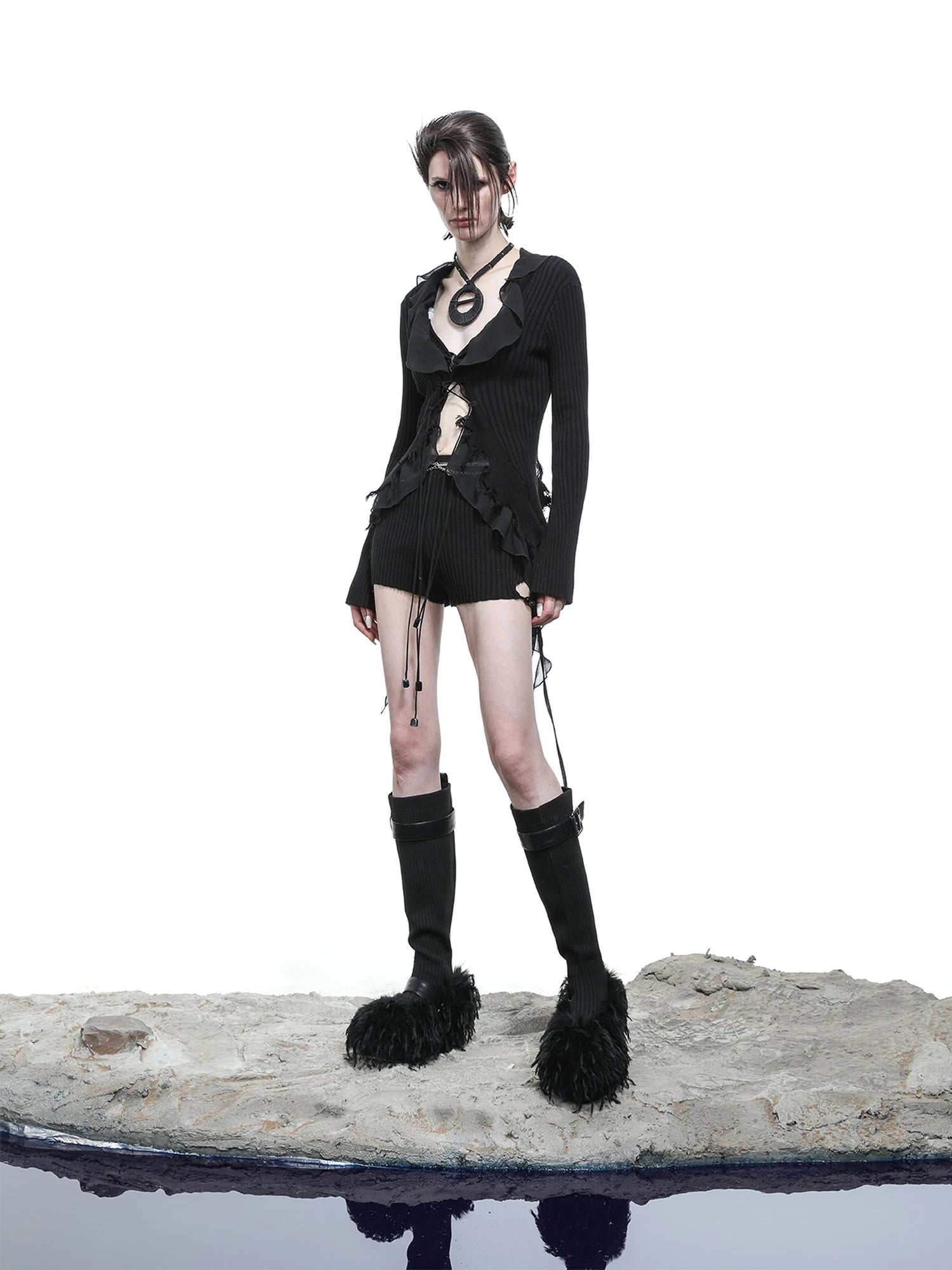 Tattered Lace Mesh Trimmed Knit Cardigan