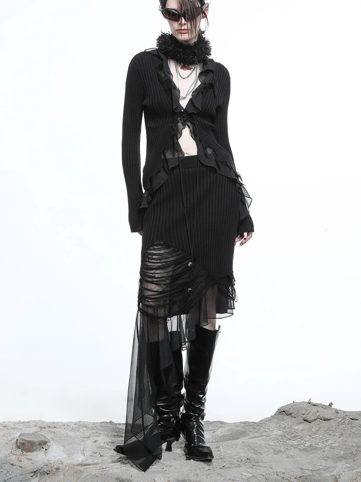 Tattered Lace Mesh Trimmed Knit Cardigan