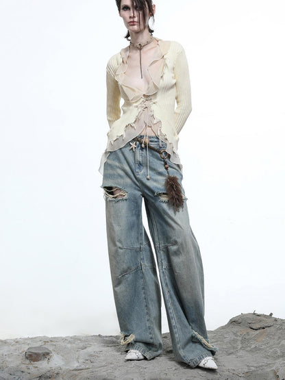 NN NORTH NODE Tattered Lace Mesh Trimmed Knit Cardigan
