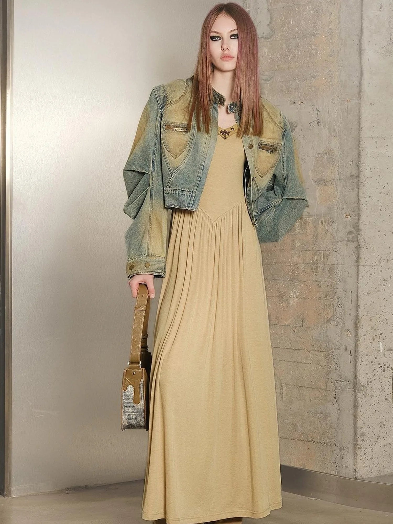 Tencel Wool Slip Dress V-neck T-shirt Long Sleeve