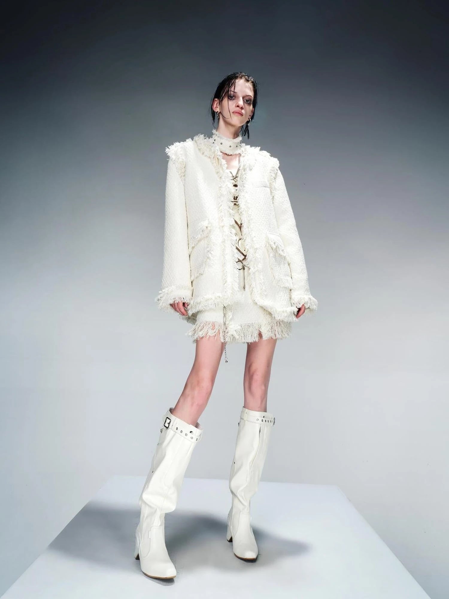 Tweed Blazer And Skirt Set With Frayed Detailing