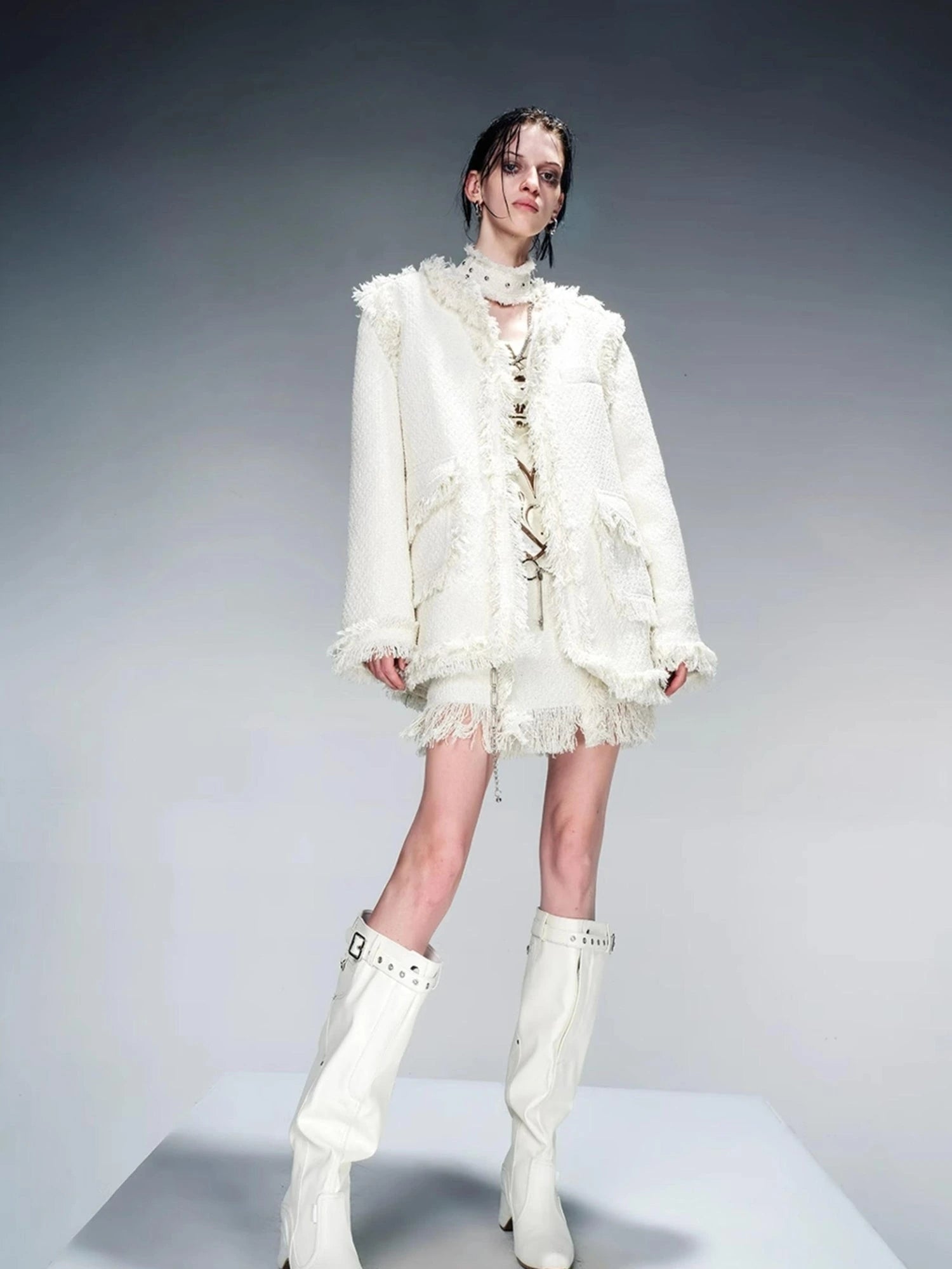 Tweed Blazer And Skirt Set With Frayed Detailing