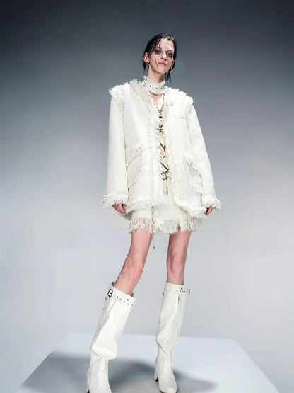 Tweed Blazer And Skirt Set With Frayed Detailing