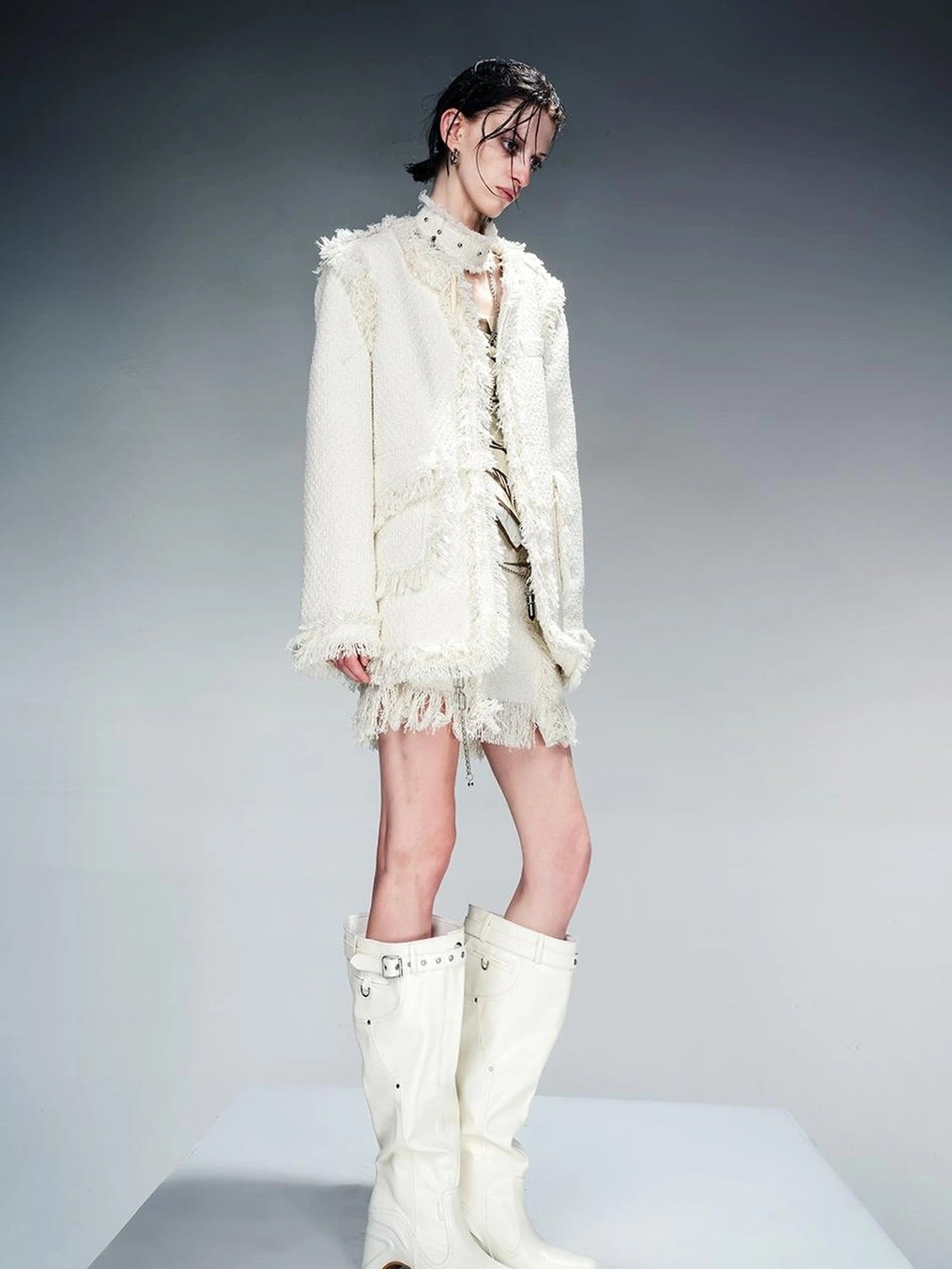 Tweed Blazer And Skirt Set With Frayed Detailing