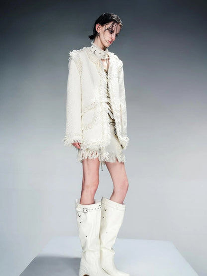 Tweed Blazer And Skirt Set With Frayed Detailing