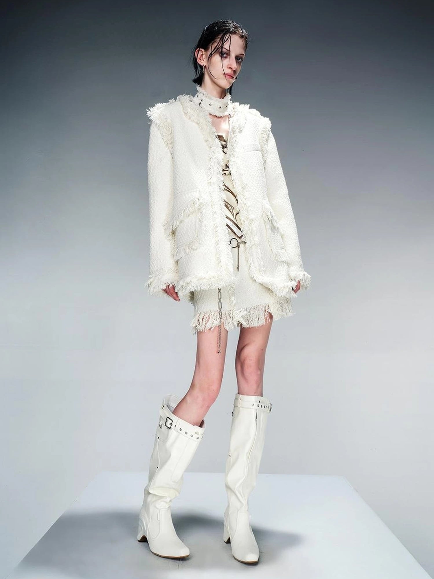 Tweed Blazer And Skirt Set With Frayed Detailing