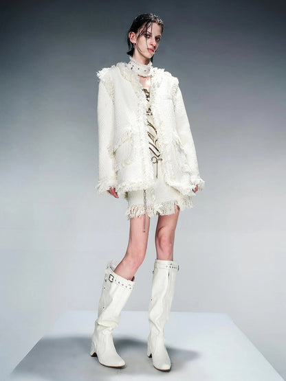 Tweed Blazer And Skirt Set With Frayed Detailing