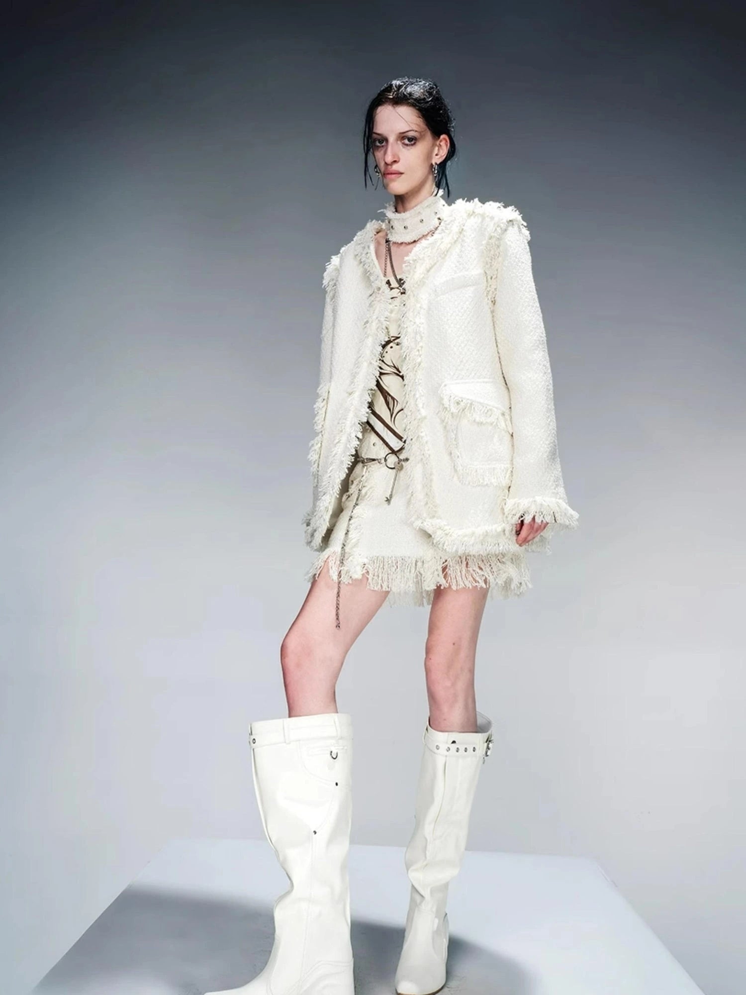 Tweed Blazer And Skirt Set With Frayed Detailing