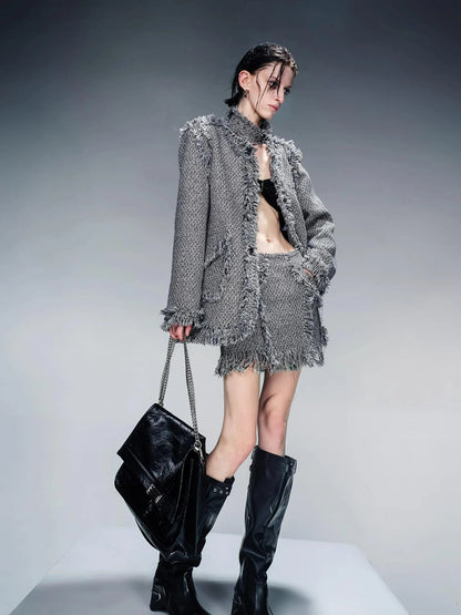 Tweed Blazer And Skirt Set With Frayed Detailing