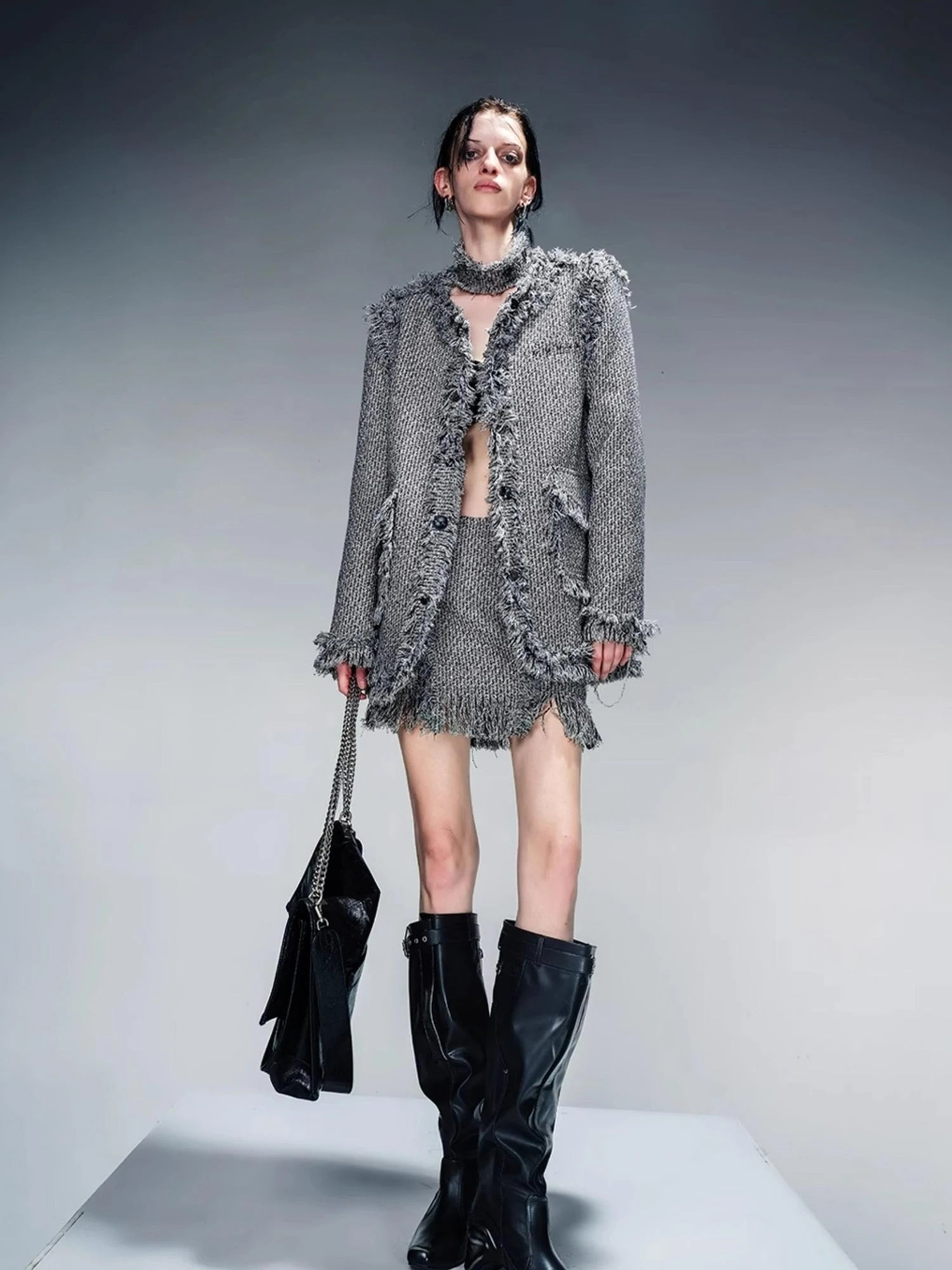 Tweed Blazer And Skirt Set With Frayed Detailing