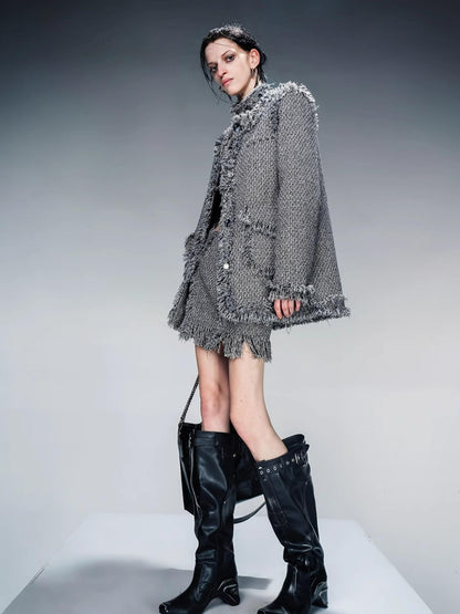 NN NORTH NODE Tweed Blazer And Skirt Set With Frayed Detailing