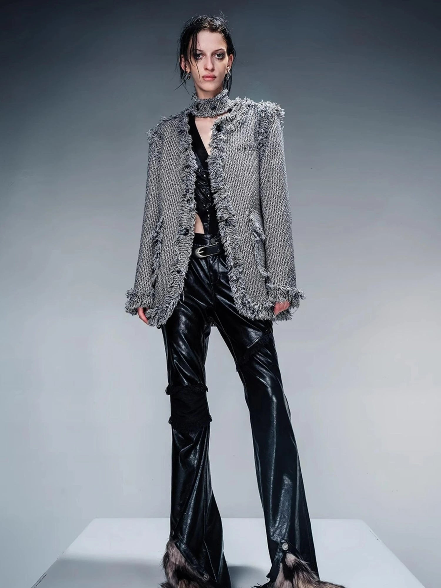 Tweed Blazer And Skirt Set With Frayed Detailing