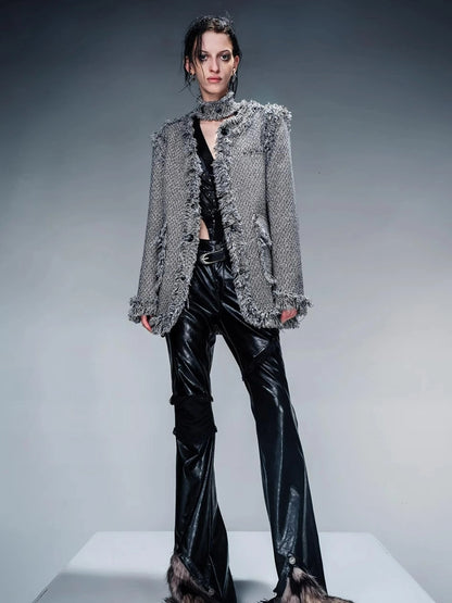 Tweed Blazer And Skirt Set With Frayed Detailing