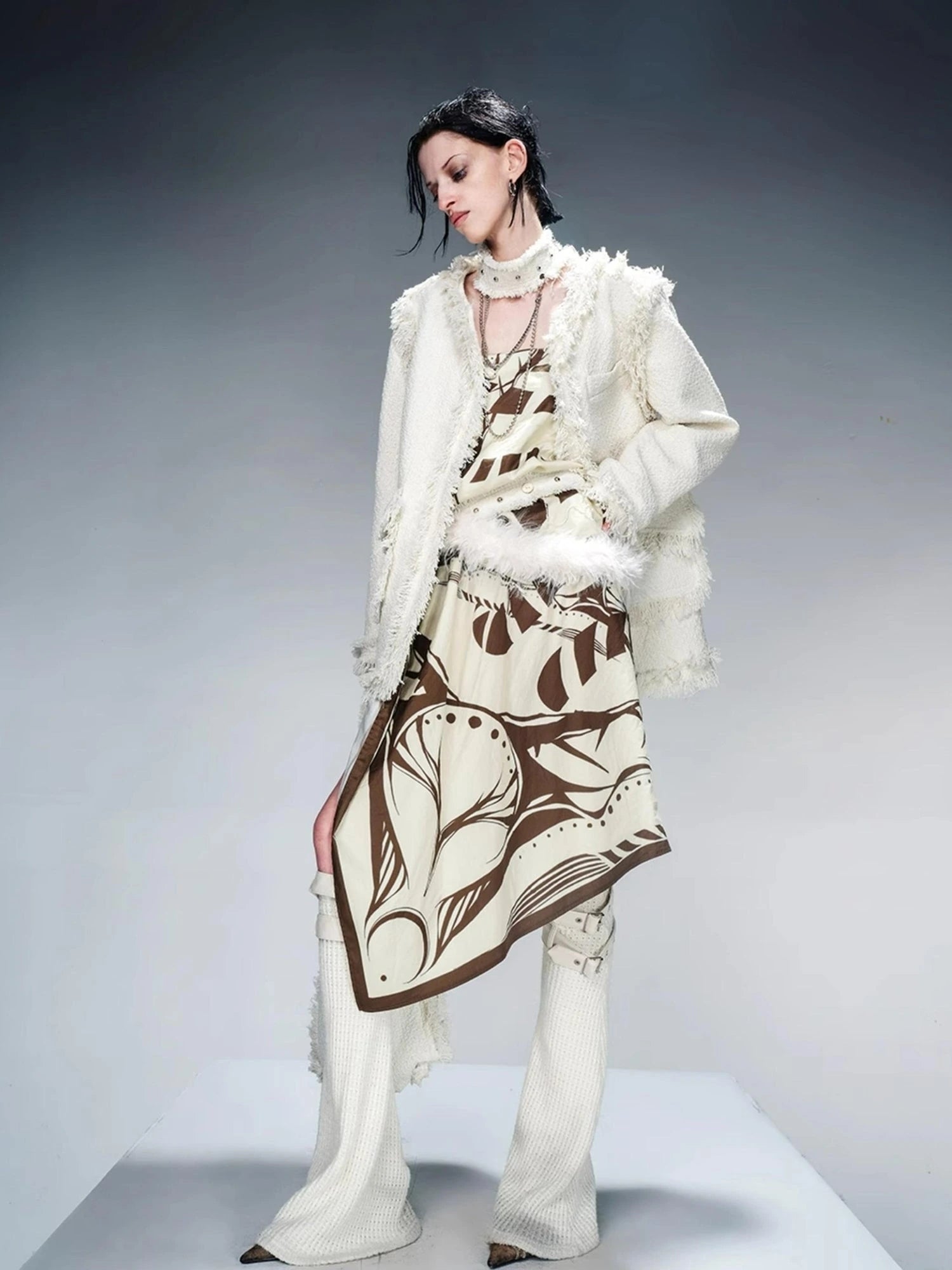 Tweed Blazer And Skirt Set With Frayed Detailing