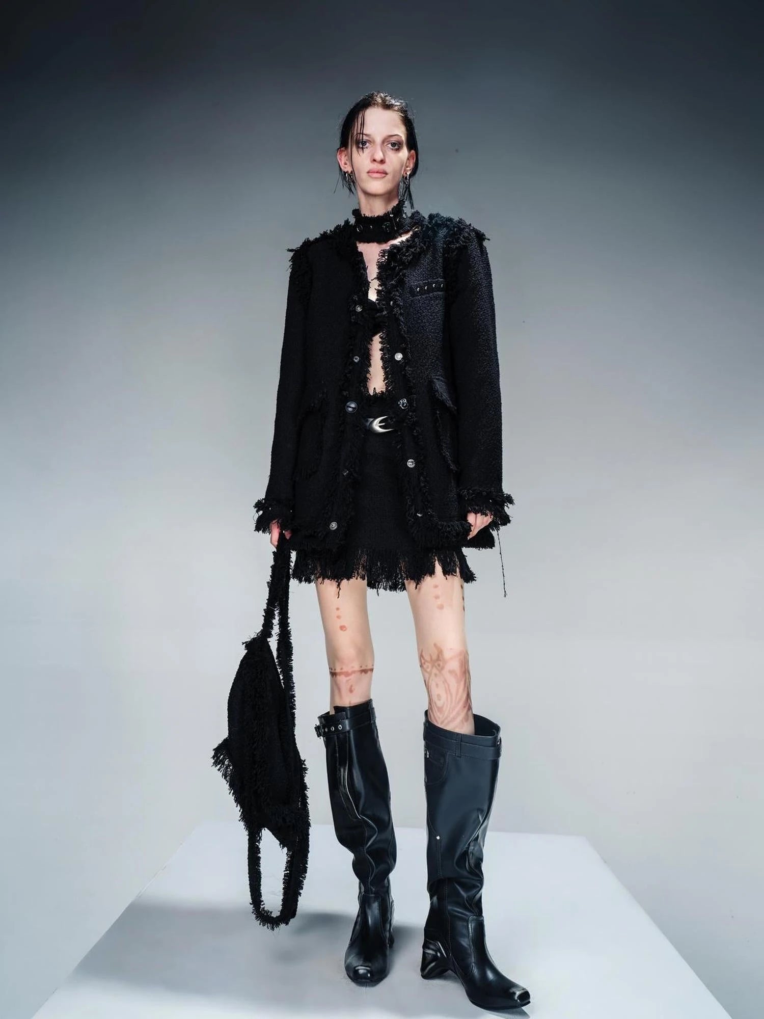 Tweed Blazer And Skirt Set With Frayed Detailing