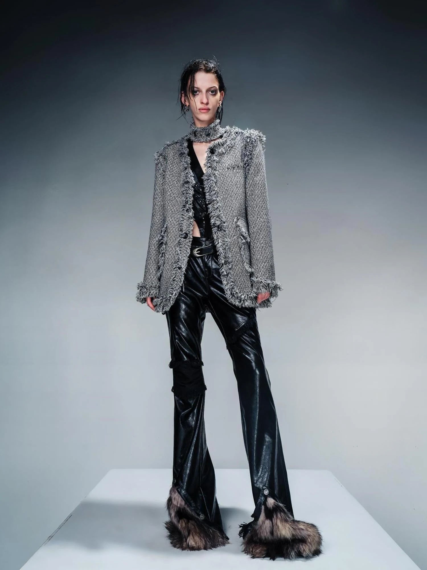 Tweed Blazer And Skirt Set With Frayed Detailing