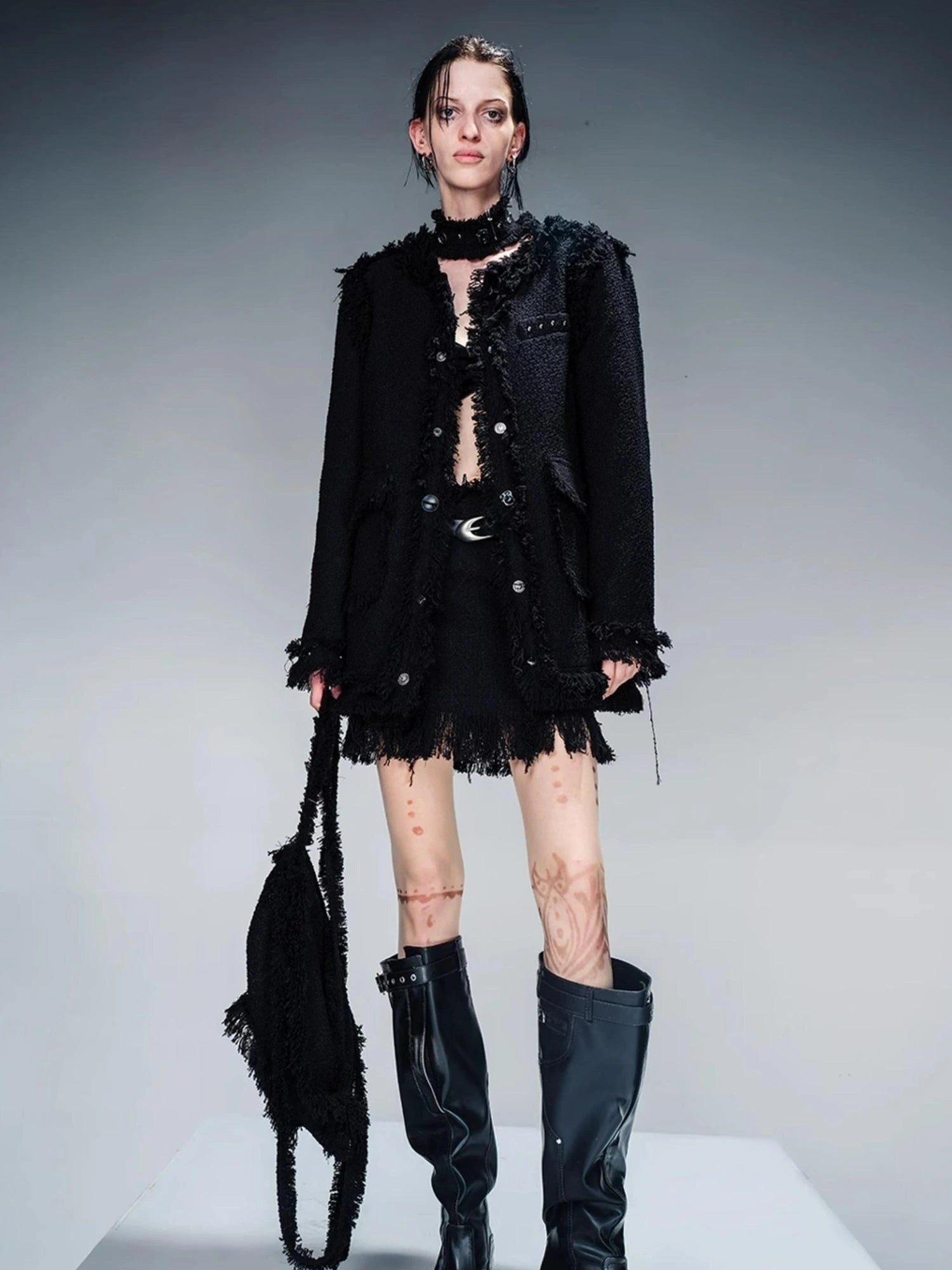 Tweed Blazer And Skirt Set With Frayed Detailing