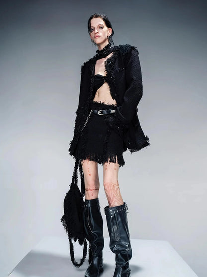 Tweed Blazer And Skirt Set With Frayed Detailing
