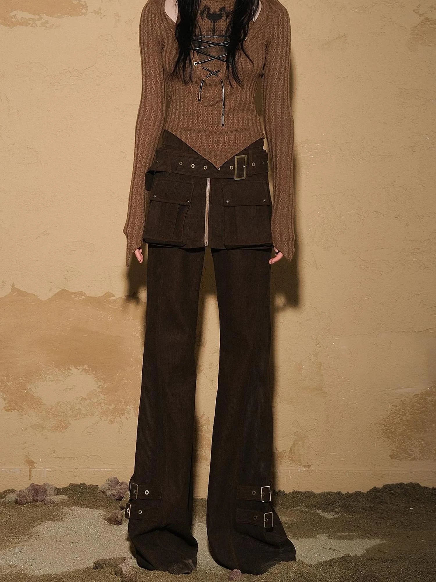 Two Piece Convertible Corduroy Skirt Pants with Detachable Belt