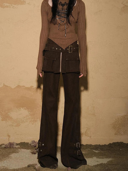 Two Piece Convertible Corduroy Skirt Pants with Detachable Belt