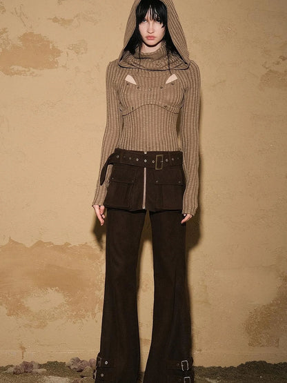 Two Piece Convertible Corduroy Skirt Pants with Detachable Belt