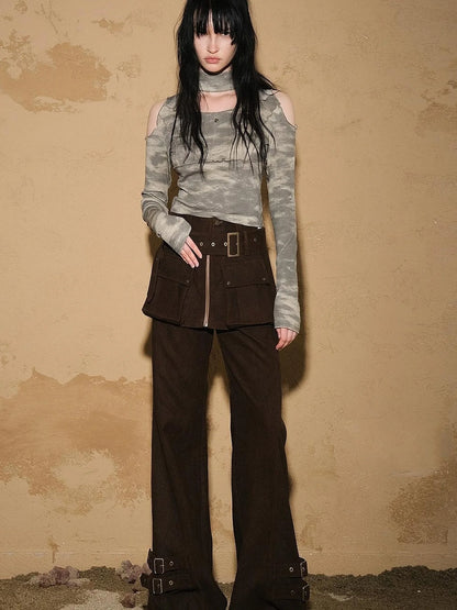 Two Piece Convertible Corduroy Skirt Pants with Detachable Belt