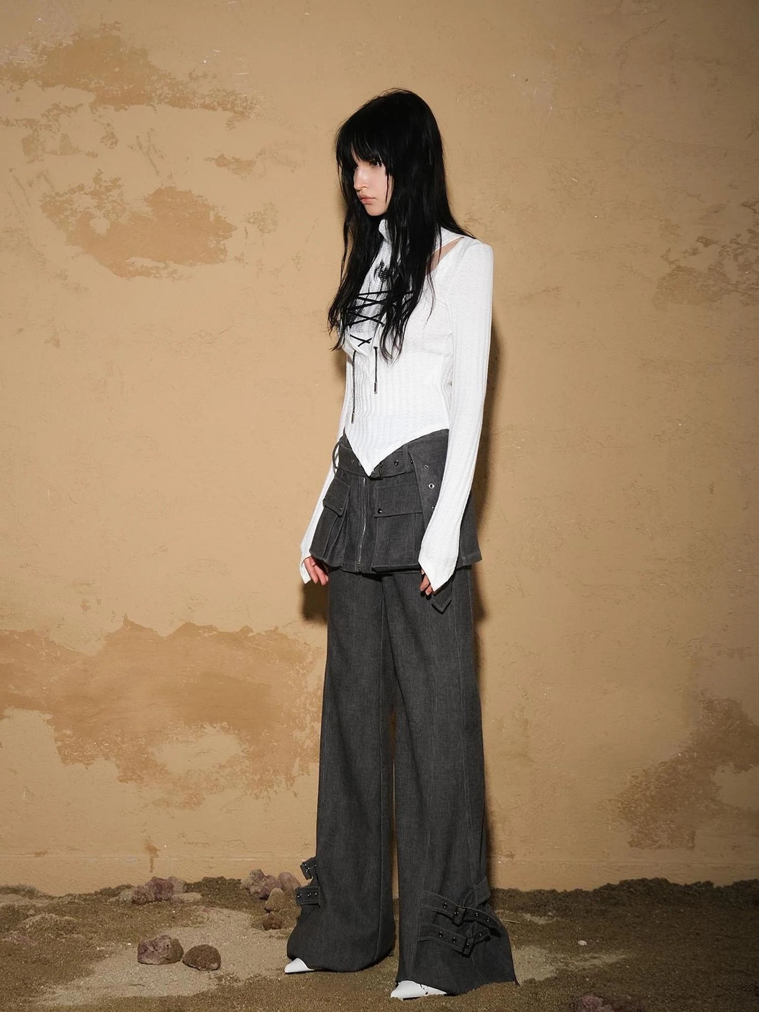 Two Piece Convertible Corduroy Skirt Pants with Detachable Belt