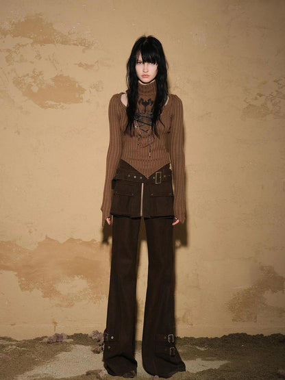 Two Piece Convertible Corduroy Skirt Pants with Detachable Belt