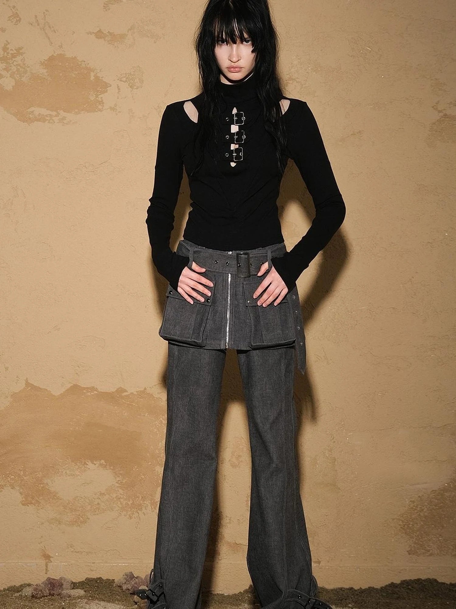 Two Piece Convertible Corduroy Skirt Pants with Detachable Belt