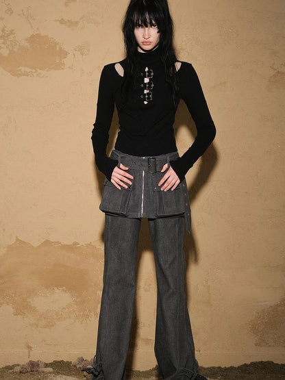 Two Piece Convertible Corduroy Skirt Pants with Detachable Belt