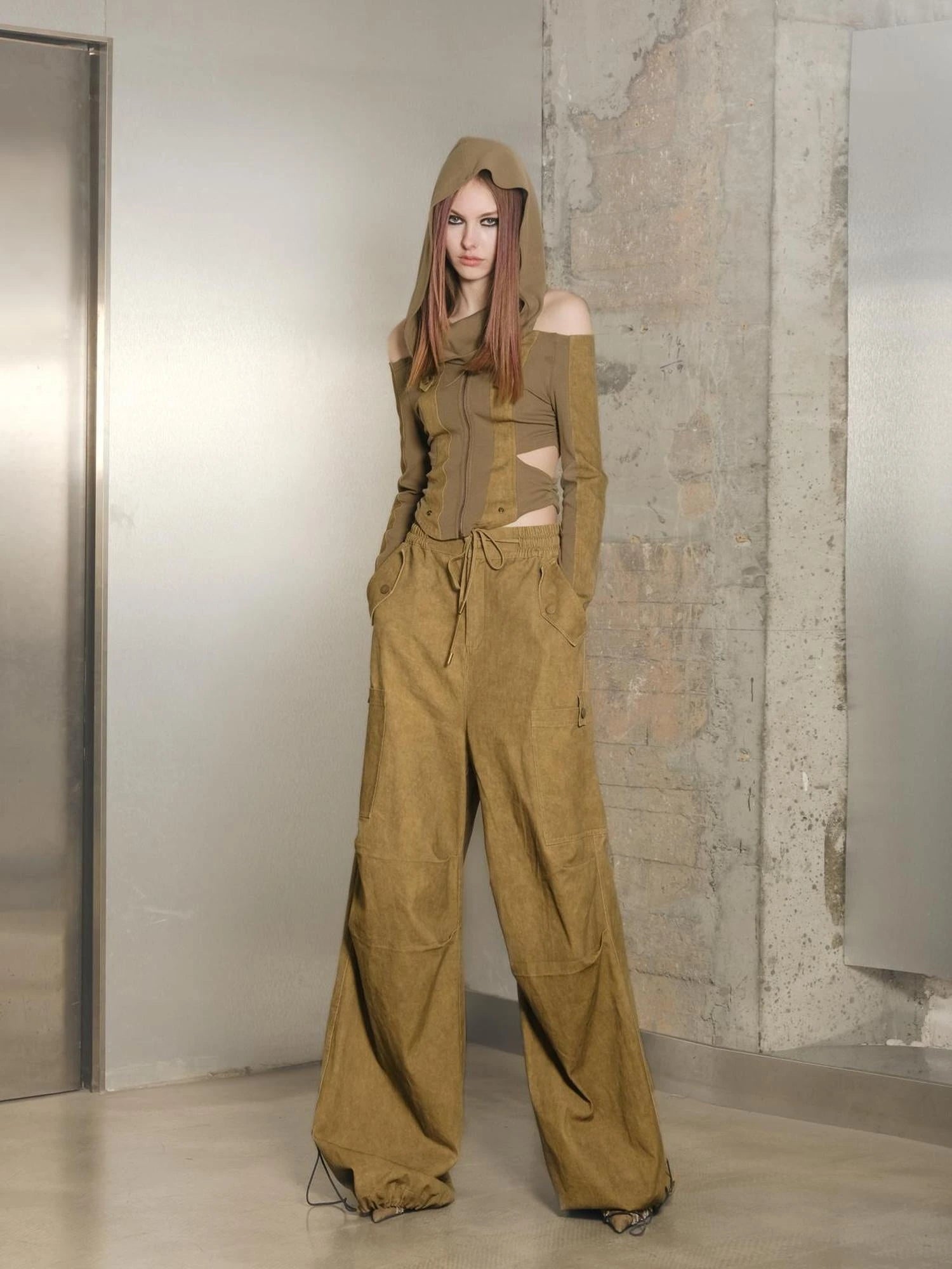 Utility Parachute Cargo Pants With Hooded Top