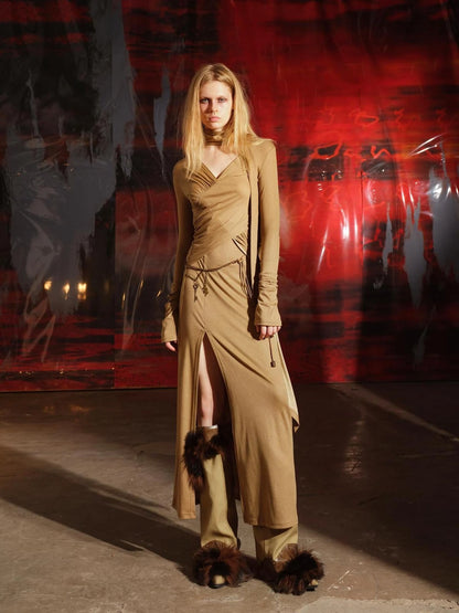 V-Neck Pleated Split Rayon Dress With Waist Chain