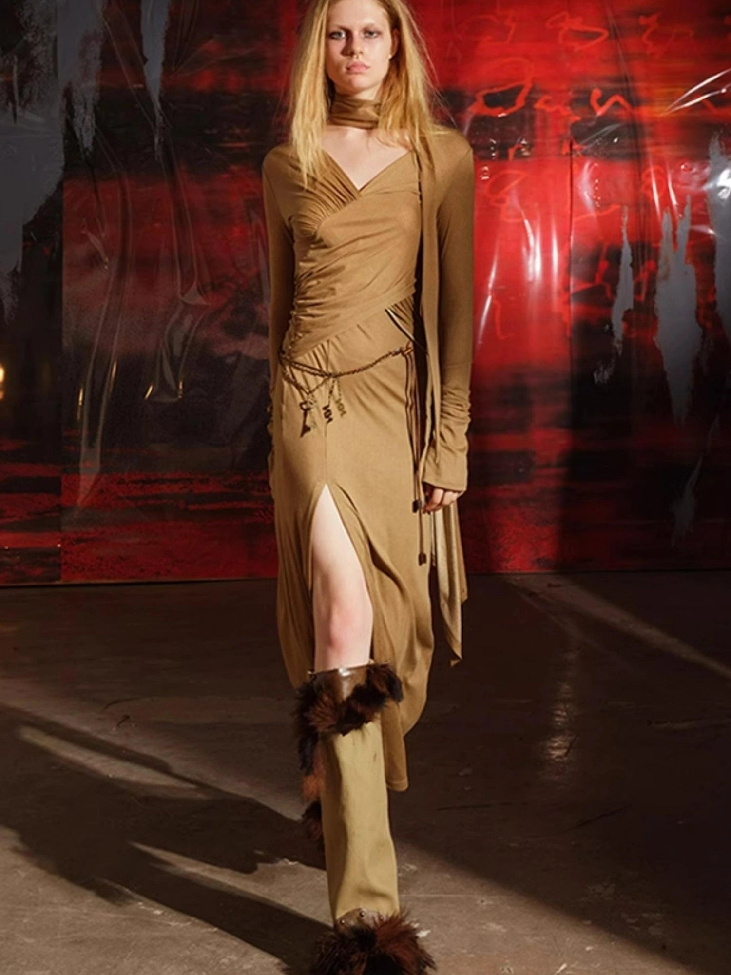 V-Neck Pleated Split Rayon Dress With Waist Chain