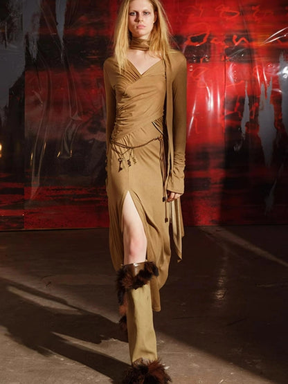 V-Neck Pleated Split Rayon Dress With Waist Chain