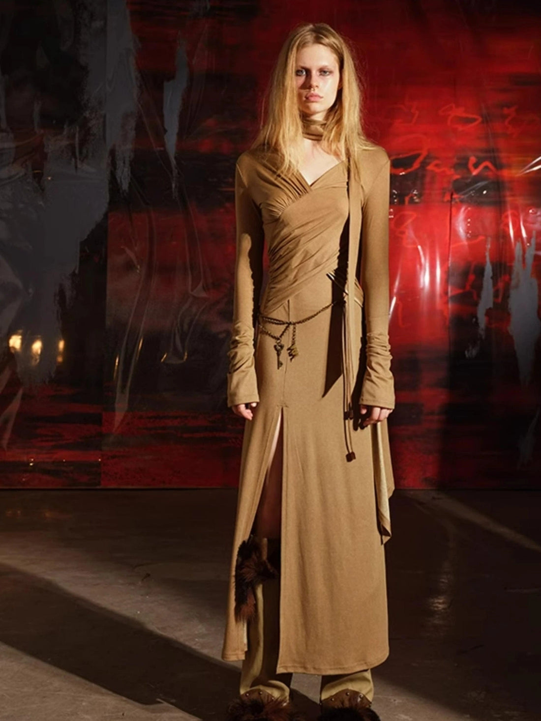 V-Neck Pleated Split Rayon Dress With Waist Chain