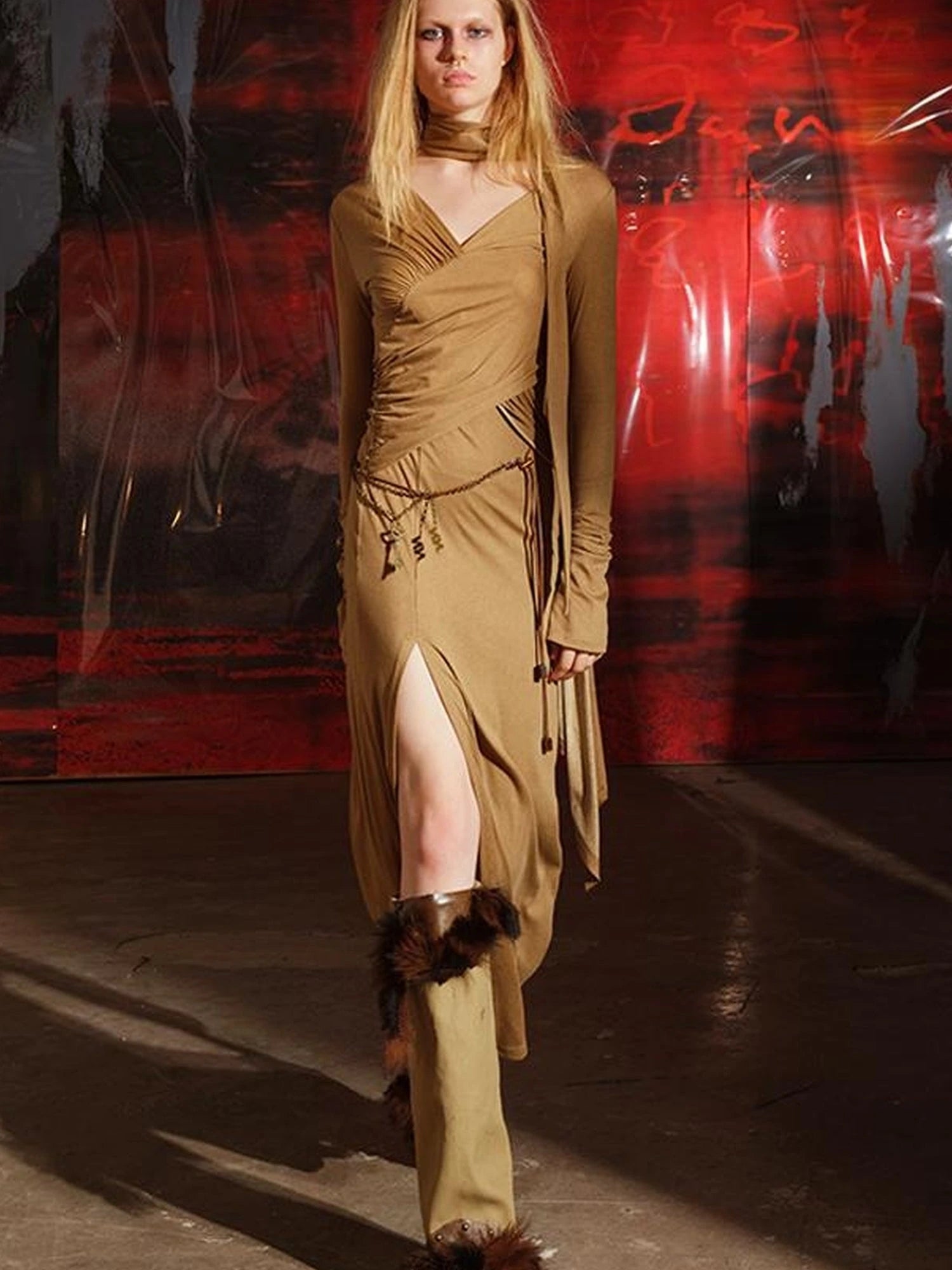 V-Neck Pleated Split Rayon Dress With Waist Chain