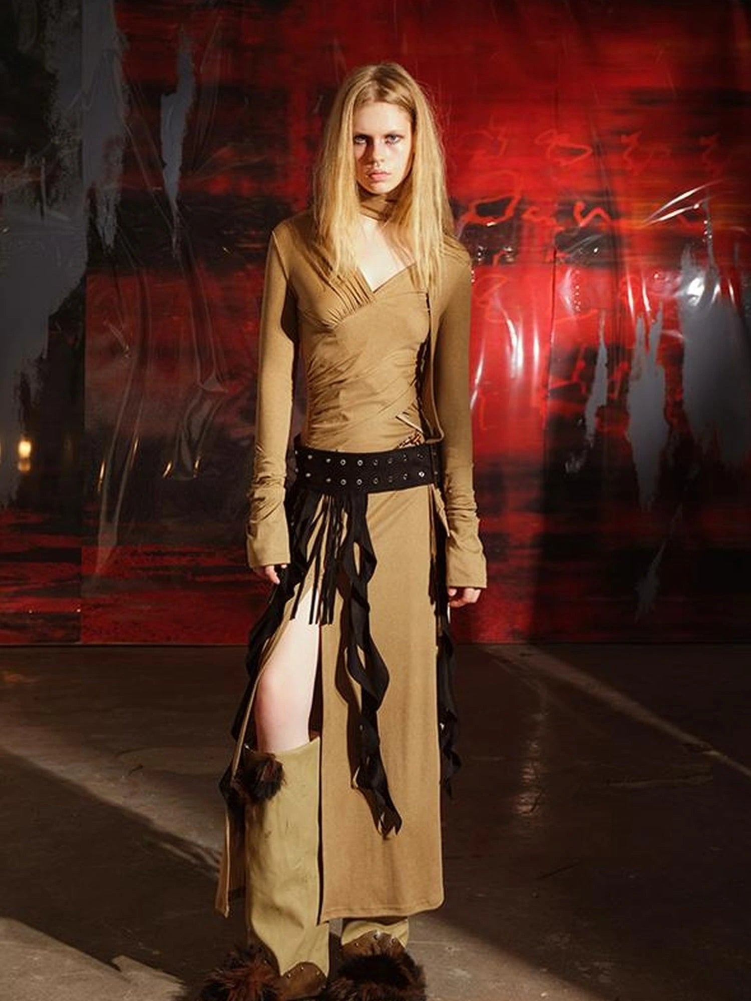 V-Neck Pleated Split Rayon Dress With Waist Chain