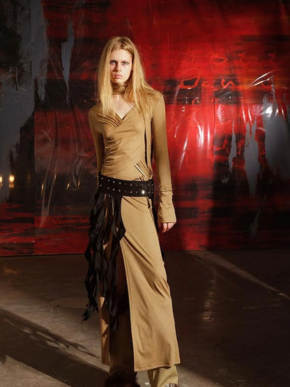 V-Neck Pleated Split Rayon Dress With Waist Chain