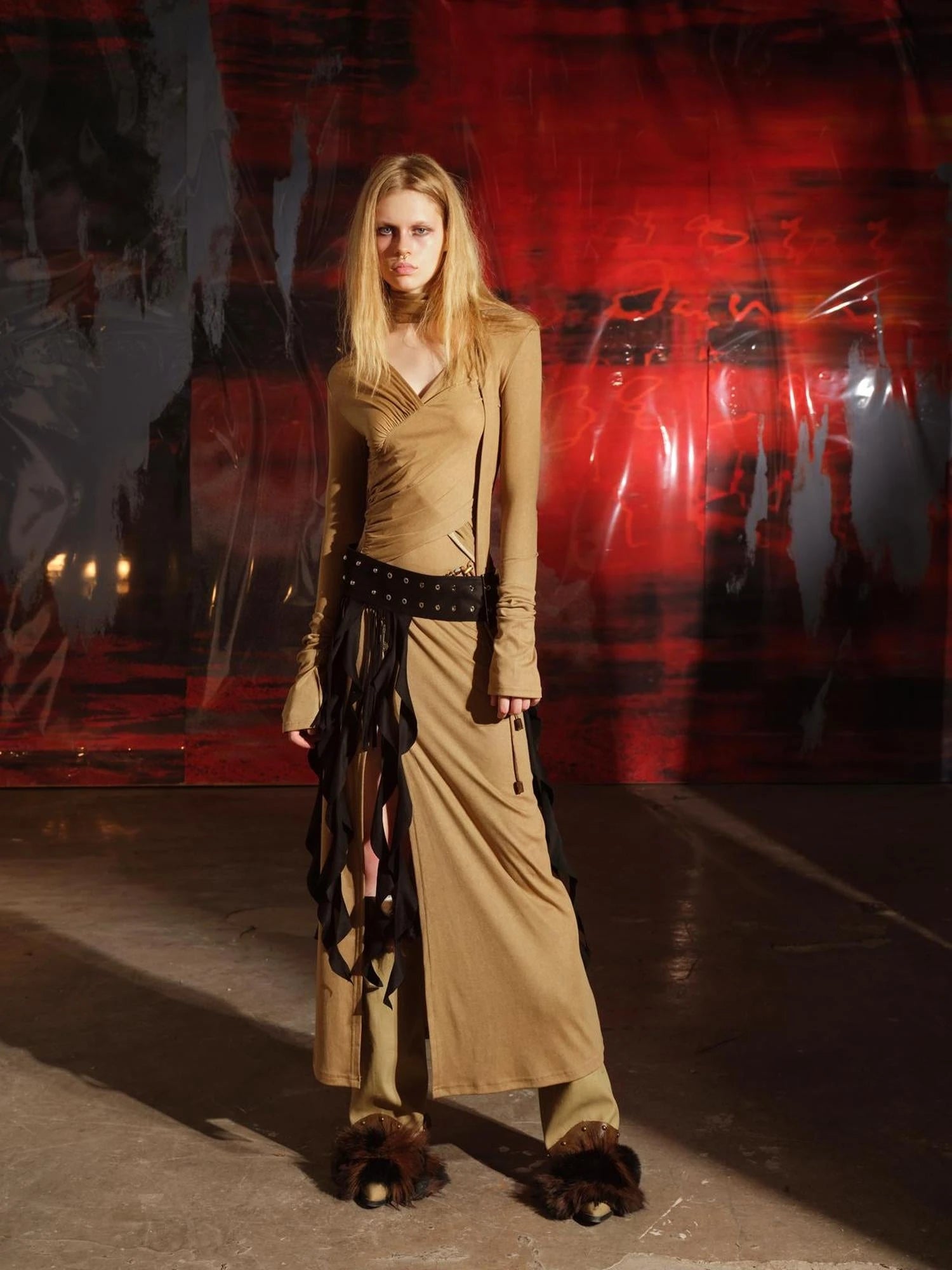 V-Neck Pleated Split Rayon Dress With Waist Chain