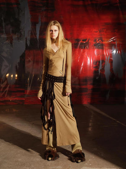 V-Neck Pleated Split Rayon Dress With Waist Chain