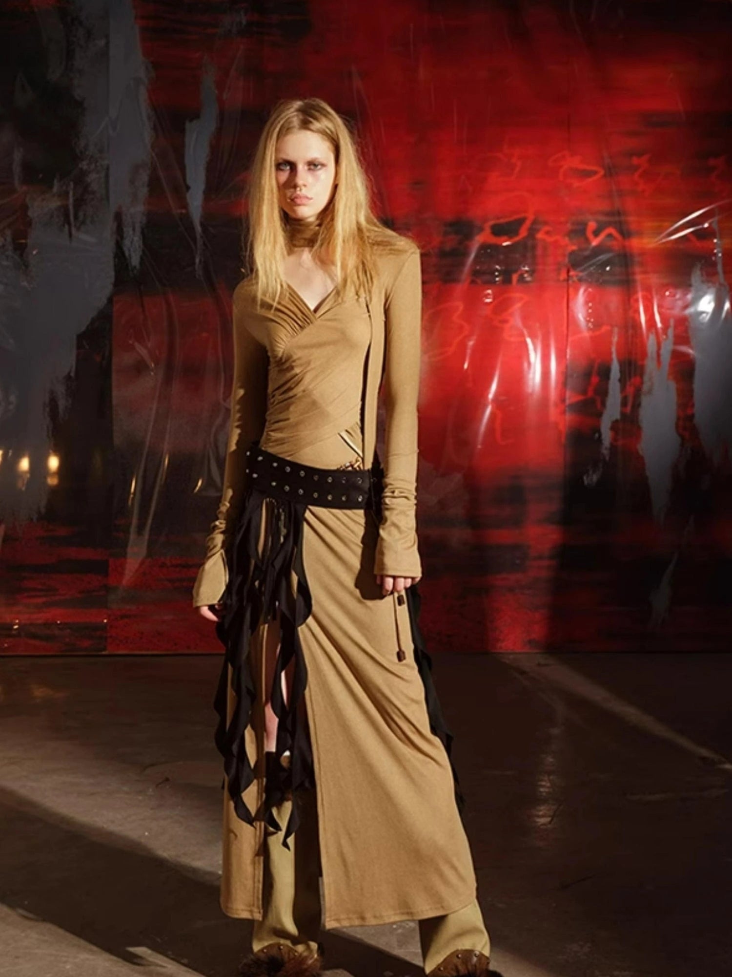 V-Neck Pleated Split Rayon Dress With Waist Chain