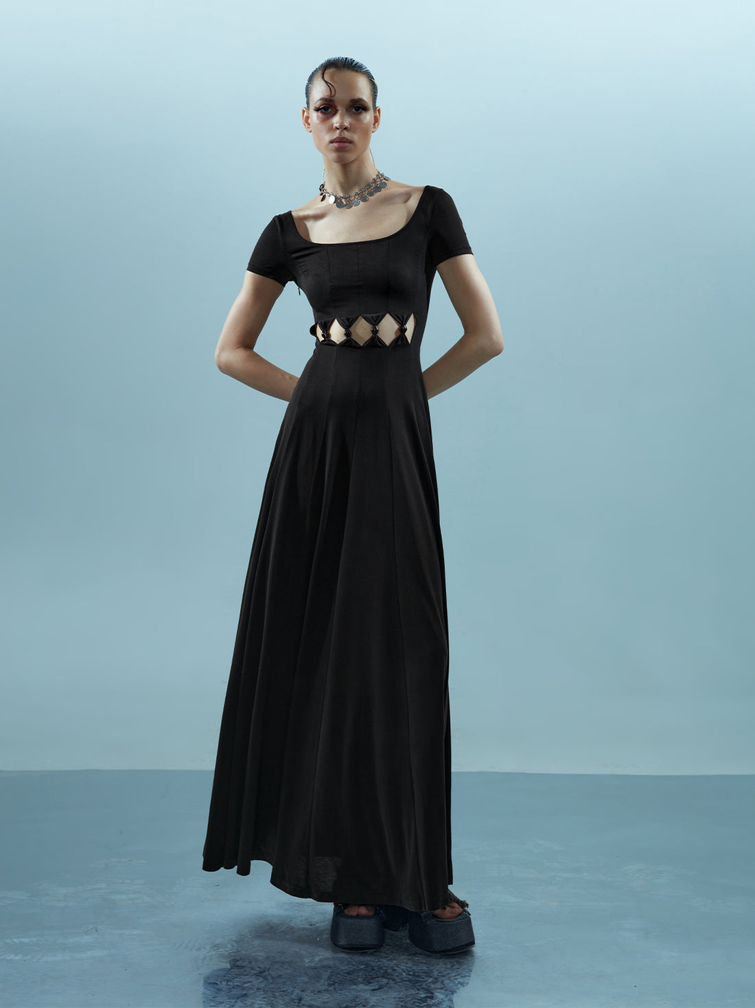 NN NORTH NODE V-neck Ethereal Threads Beaded Cutout Dress