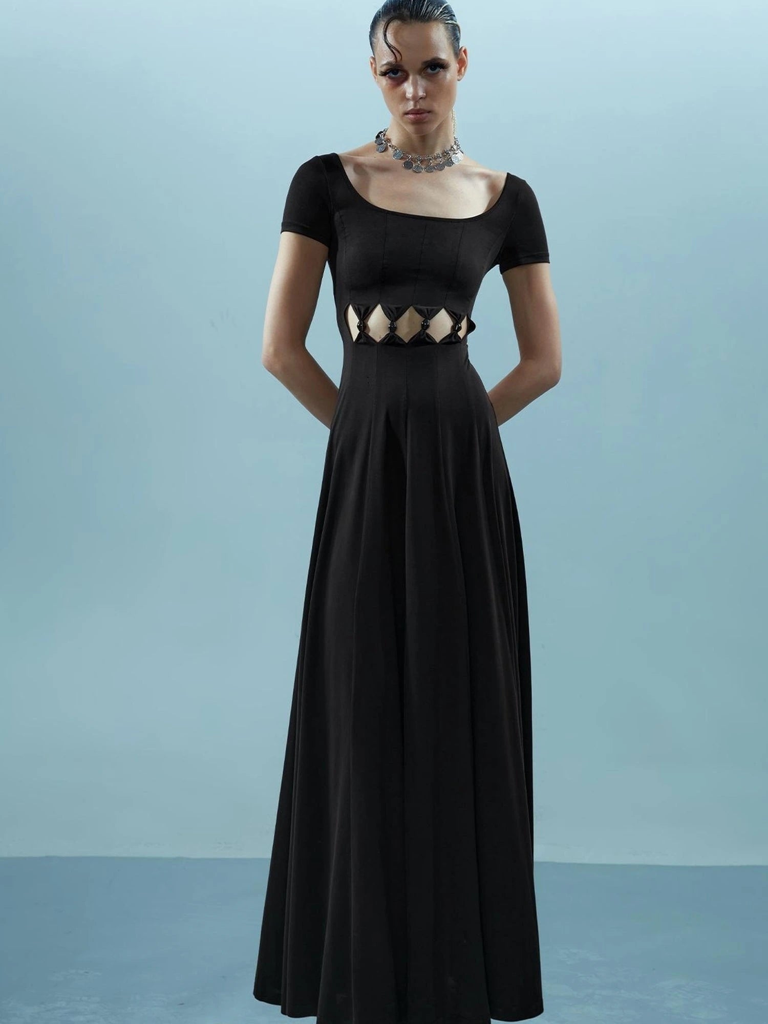 V-neck Ethereal Threads Beaded Cutout Dress