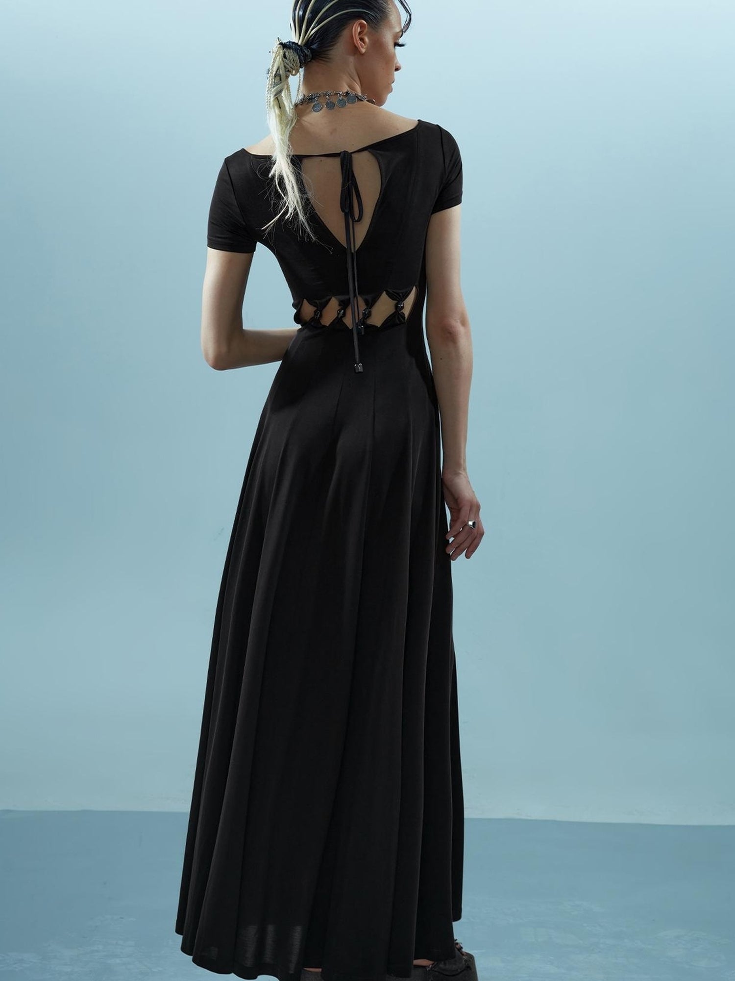 NN NORTH NODE V-neck Ethereal Threads Beaded Cutout Dress