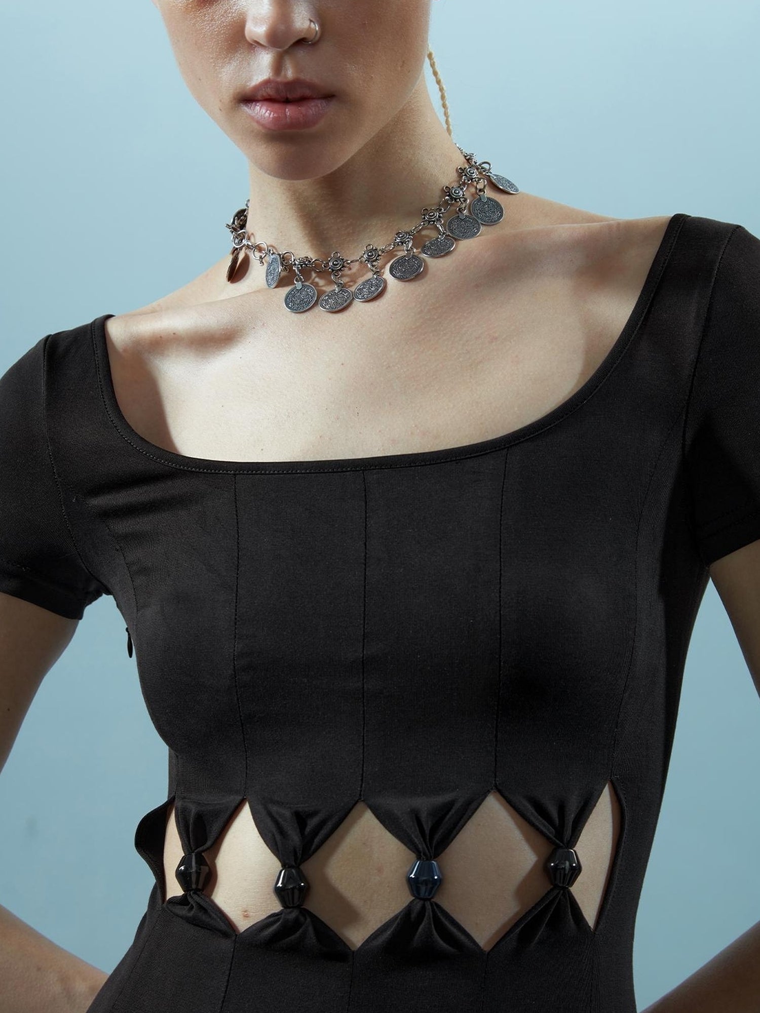 NN NORTH NODE V-neck Ethereal Threads Beaded Cutout Dress