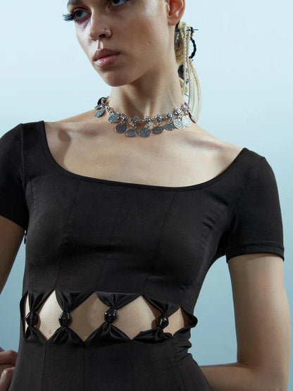 V-neck Ethereal Threads Beaded Cutout Dress