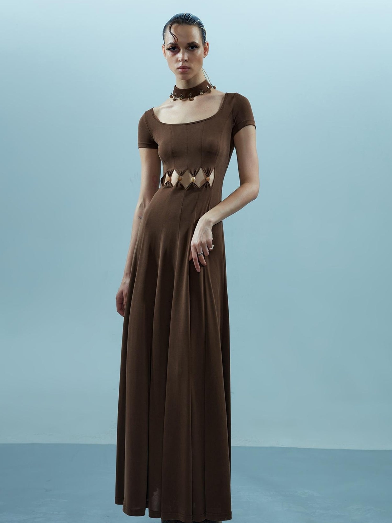 NN NORTH NODE V-neck Ethereal Threads Beaded Cutout Dress