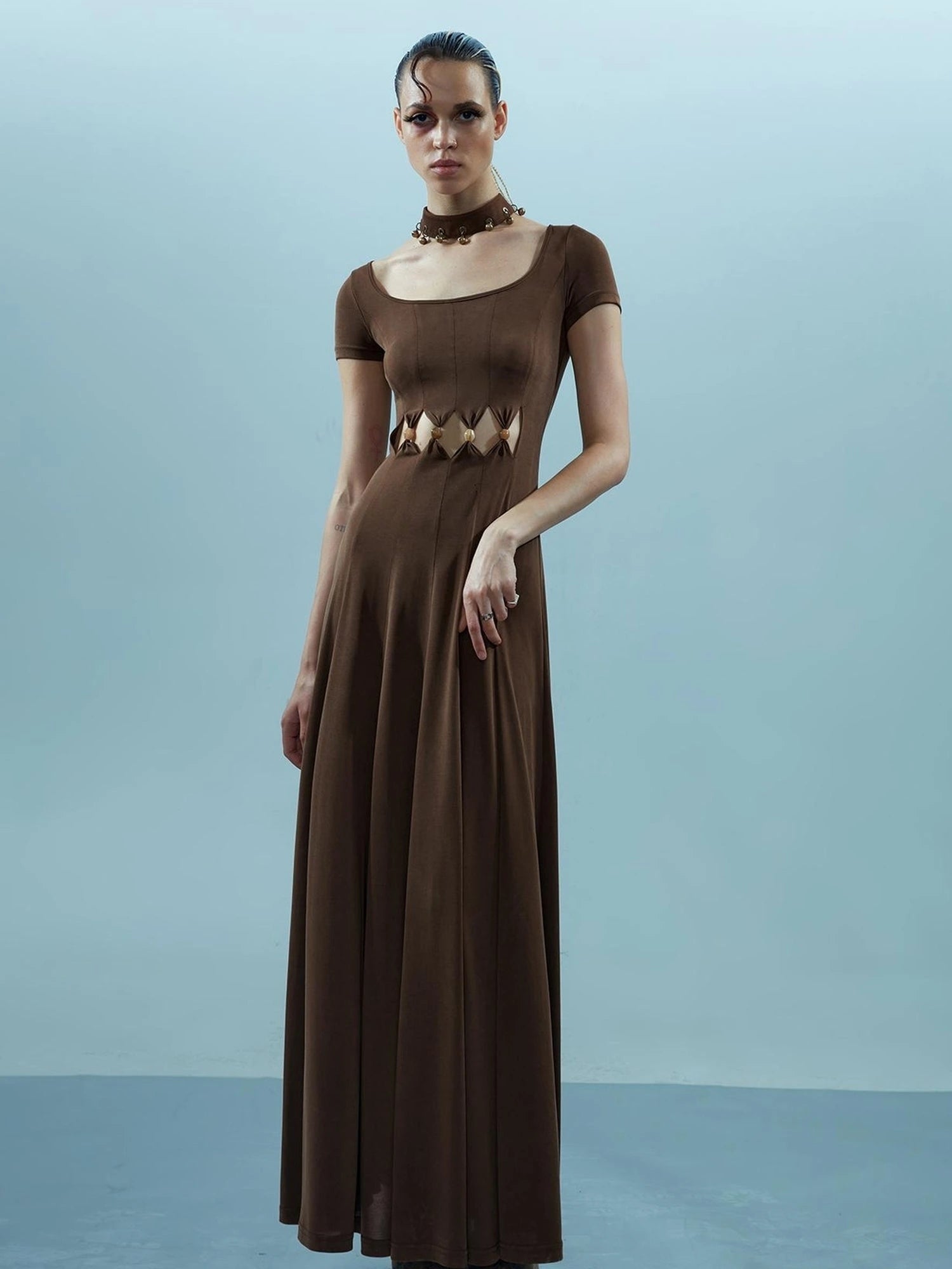 V-neck Ethereal Threads Beaded Cutout Dress
